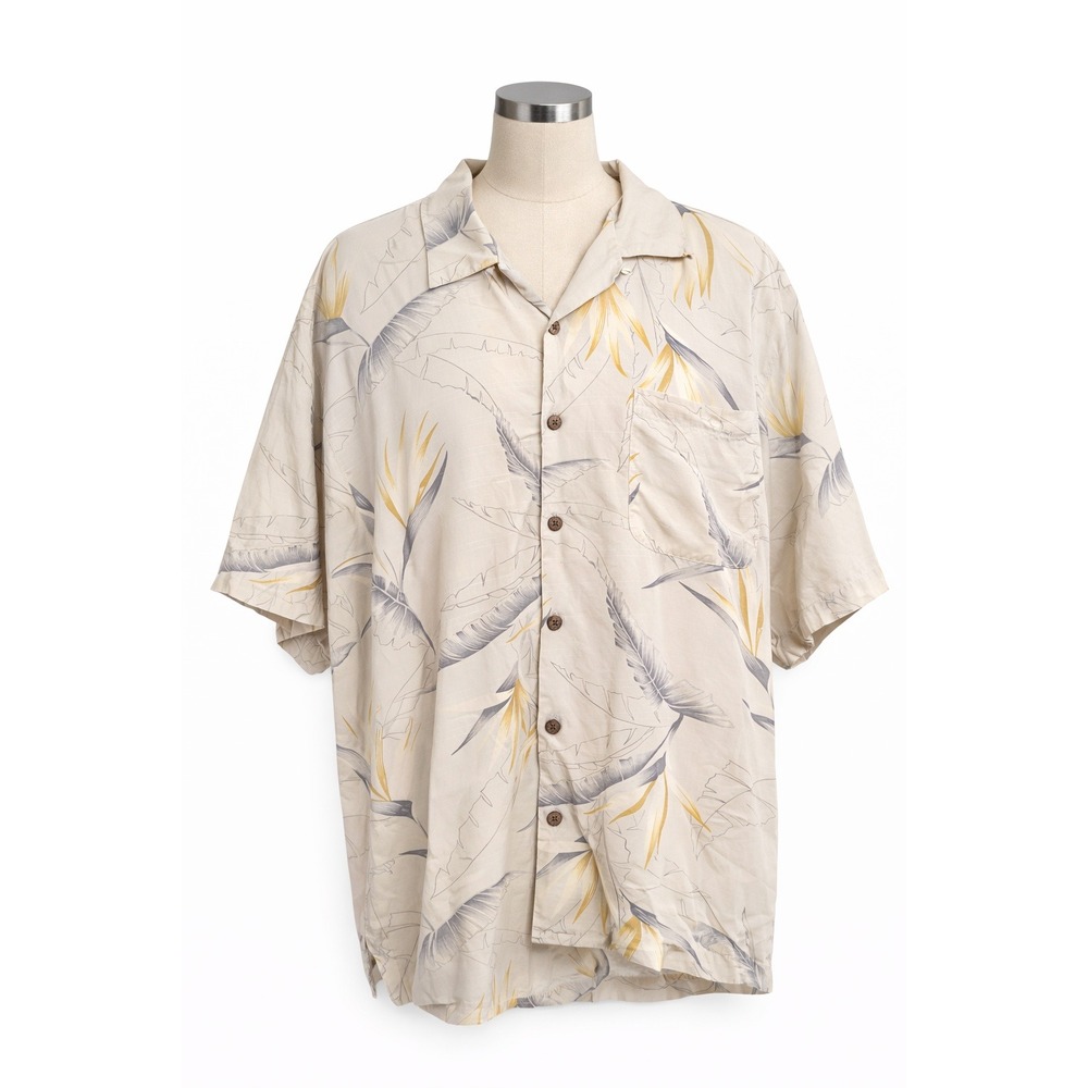 Tommy Bahama LARGE 100% Silk Tropical Hawaiian Camp Shirt Resort Beige Palm